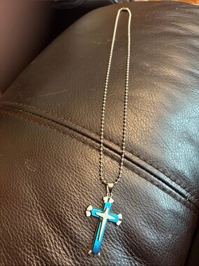 Stainless Blue Cross Pendant Necklace - Womens Jewelry Ball Chain New No Pkg